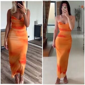 ZARA ORANGE DRAPED PRINTED TULLE DRESS